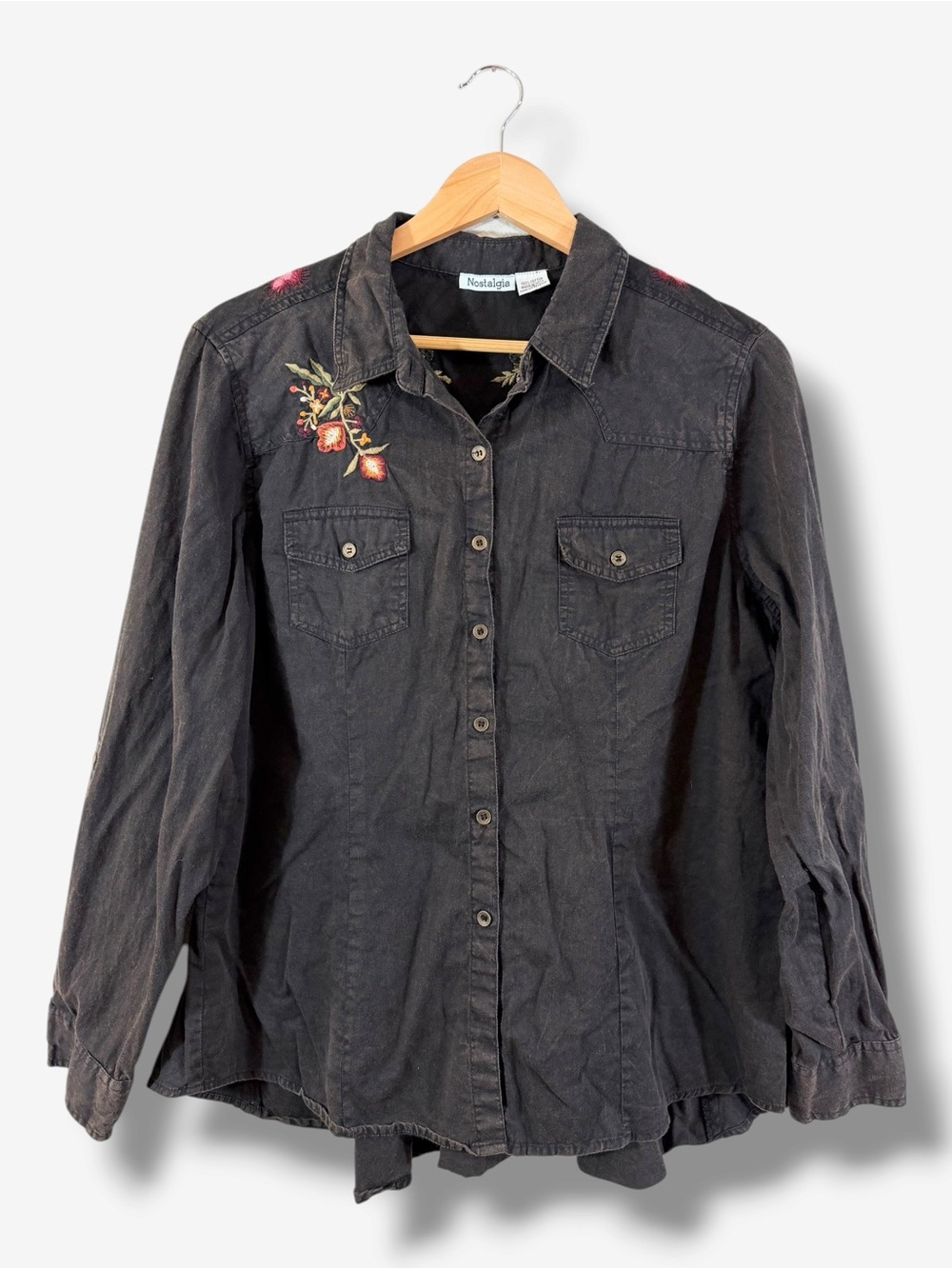Nostalgia Black Floral Embroidered Button Down Shirt L Cotton Boho Western